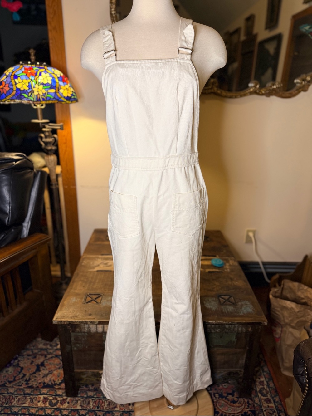 VINTAGE-70s Women's Soft Yellow Cotton Denim Fabric Overalls  with Wide-leg